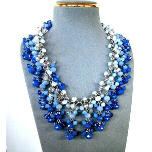 White/Black Silver Tone Blue Beaded Multi-Row Necklace 20" w/extender